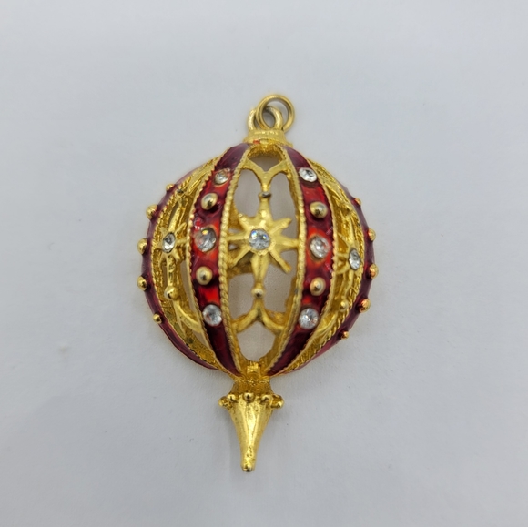 Aai Rhinestone Red Enamel Gold tone Christmas Bauble Ornament Pendant Vintage - Picture 10 of 10
